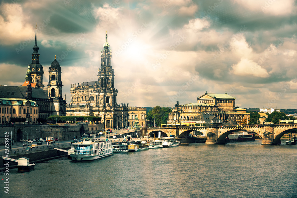 Panorama of Dresden Old Town, tinted image