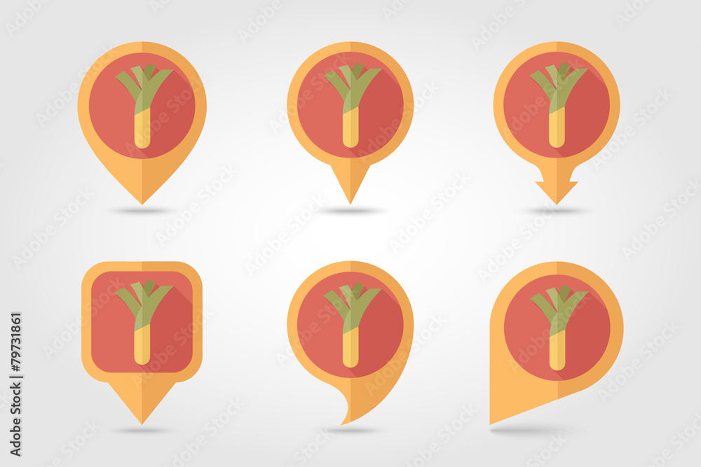 Leek mapping pins icons with long shadow Leek mapping pins icons with long shadow