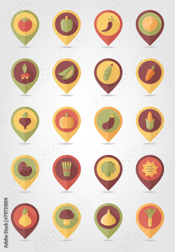 Vegetable mapping pins icons with long shadow