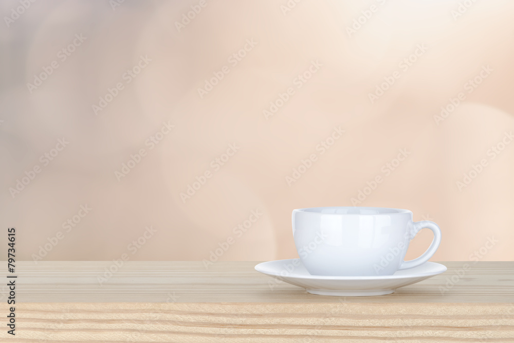white cup of coffee on pine Wooden Table and bokeh,defocused lig - obrazy, fototapety, plakaty 