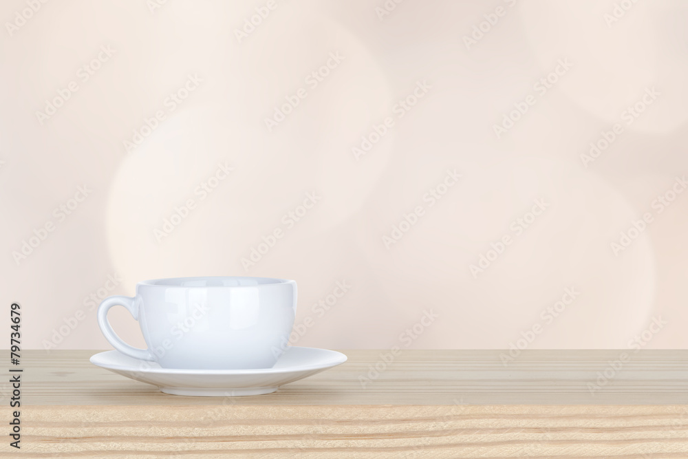 white cup of coffee on pine Wooden Table and bokeh,defocused lig - obrazy, fototapety, plakaty 
