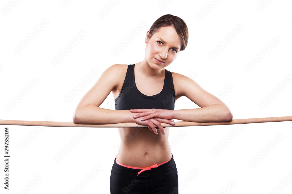Close up image of female in sports clothing relaxing after worko Close up image of female in sports clothing relaxing after worko