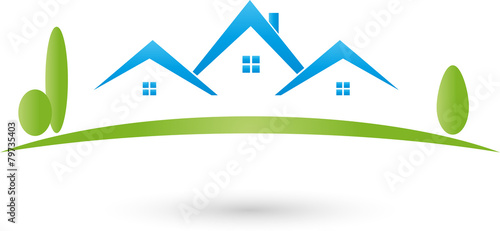 Logo, Immobilien, Drei Häuser, Grundstück