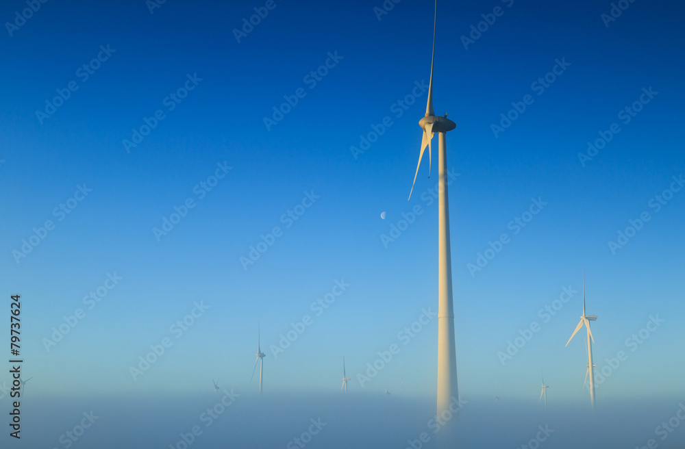 Wind turbines generating sustainable energy on a foggy morning. Wind turbines generating sustainable energy on a foggy morning.