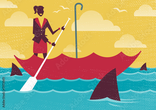 Businesswoman uses Umbrella to sail to safety.