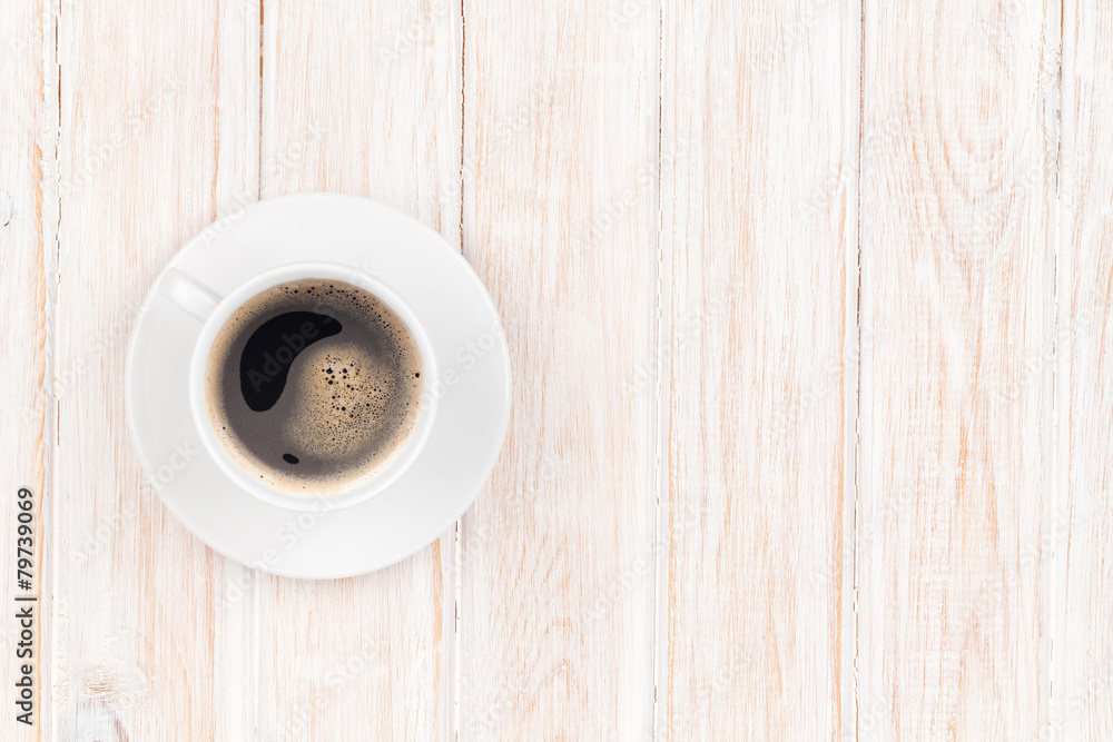 Coffee cup on white wooden table Coffee cup on white wooden table
