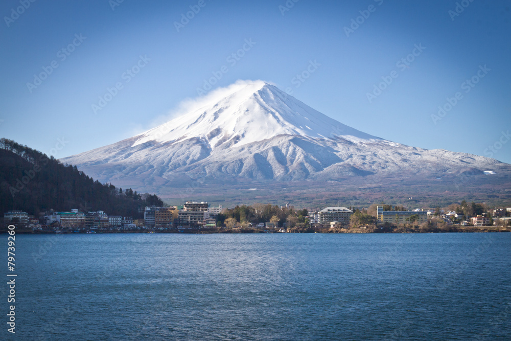 sacred mountain of Fuji on  top covered with snow in Japan.