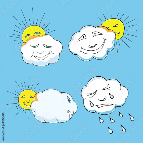 Cute doodle of sky elements: sun, clouds. Vector illustration