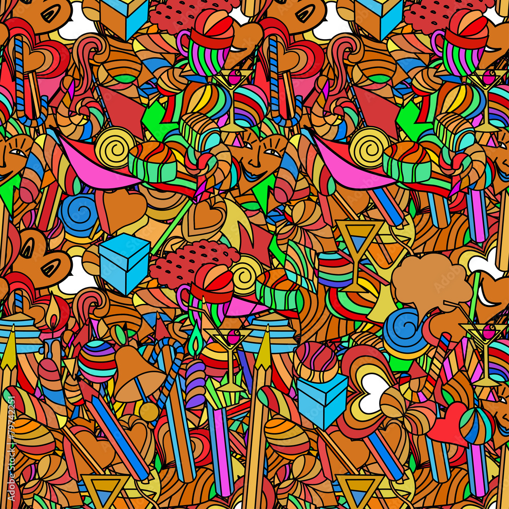 Naklejka premium Cute doodle seamless pattern. Love and sweets.