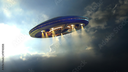 Alien UFO saucer flying through the clouds above Earth