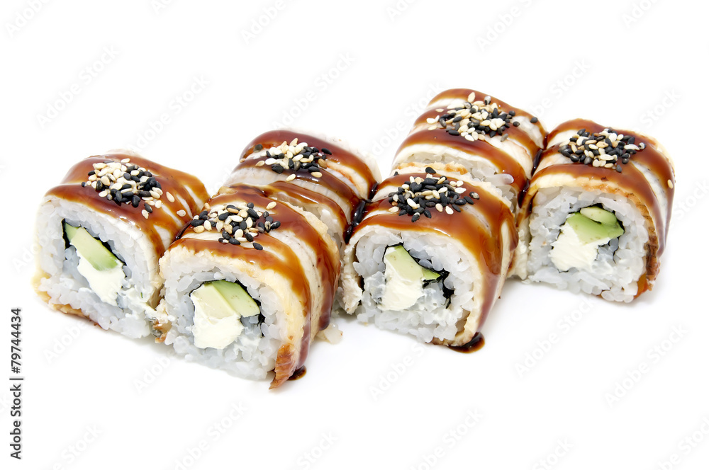 Japanese sushi fish and seafood on white background Japanese sushi fish and seafood on white background