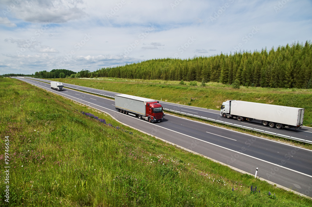 Asphalt highway rising flowering meadows. Three trucks. Asphalt highway rising flowering meadows. Three trucks.