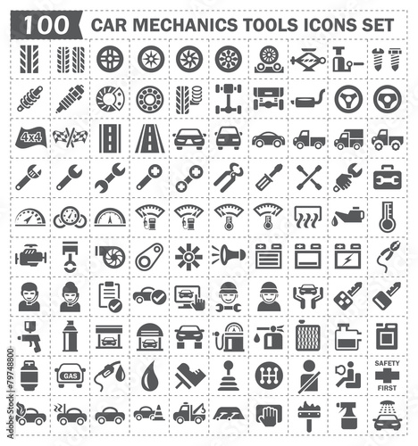 Car mechanic tool and automotive icon. Consist of service and repair work. Including spare part i.e. engine, battery, transmission, piston, tire, steering etc. For garage and shop and logo element.