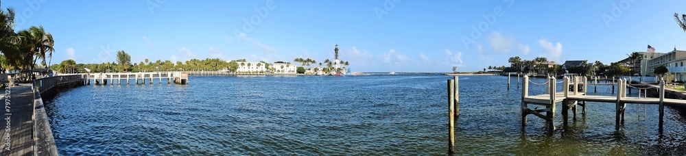 Panorama view of Florida ocean inlet with Lighthouse