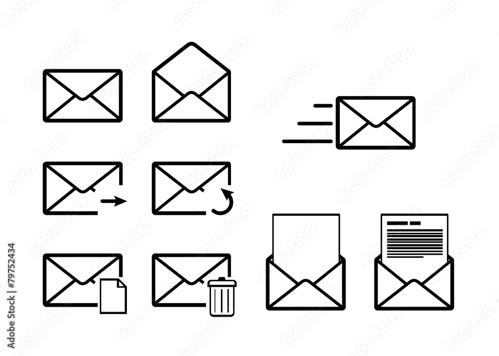 Set of envelope outline icons for mail interface on white Set of envelope outline icons for mail interface on white