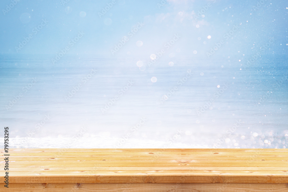 wood deck in front of abstract sea landscape. ready for product wood deck in front of abstract sea landscape. ready for product