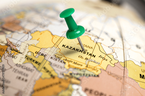 Location Kazakhstan. Green pin on the map. photo