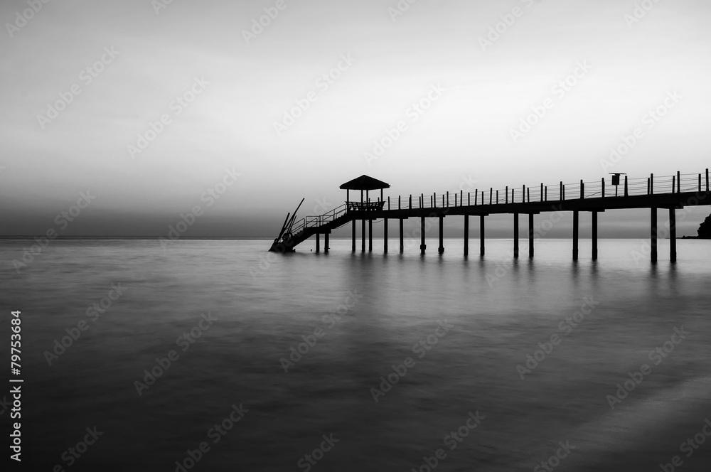 Jetty at the beach in black and white