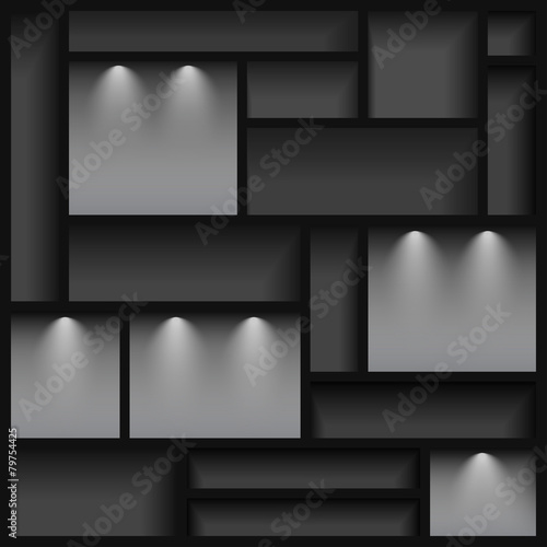 Empty shelves  illuminated with reflector light