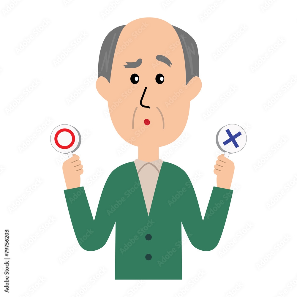 A confused elderly man with yes and no signs A confused elderly man with yes and no signs