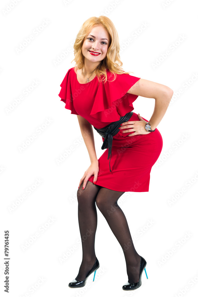 Beautiful Busyness Woman Blonde in red dress isolated on white Beautiful Busyness Woman Blonde in red dress isolated on white