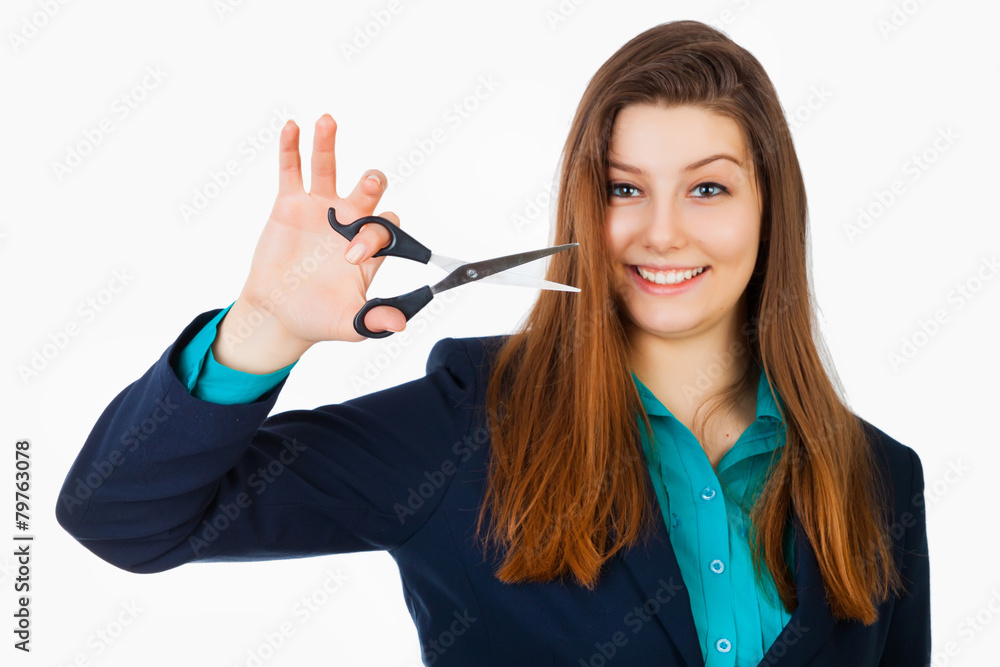 Business woman with scissors isolated on white background Business woman with scissors isolated on white background