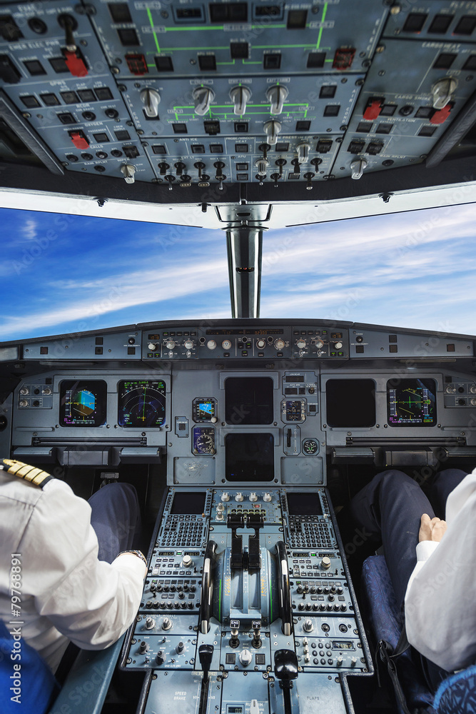 Obraz premium Pilots in the plane cockpit and cloudy sky