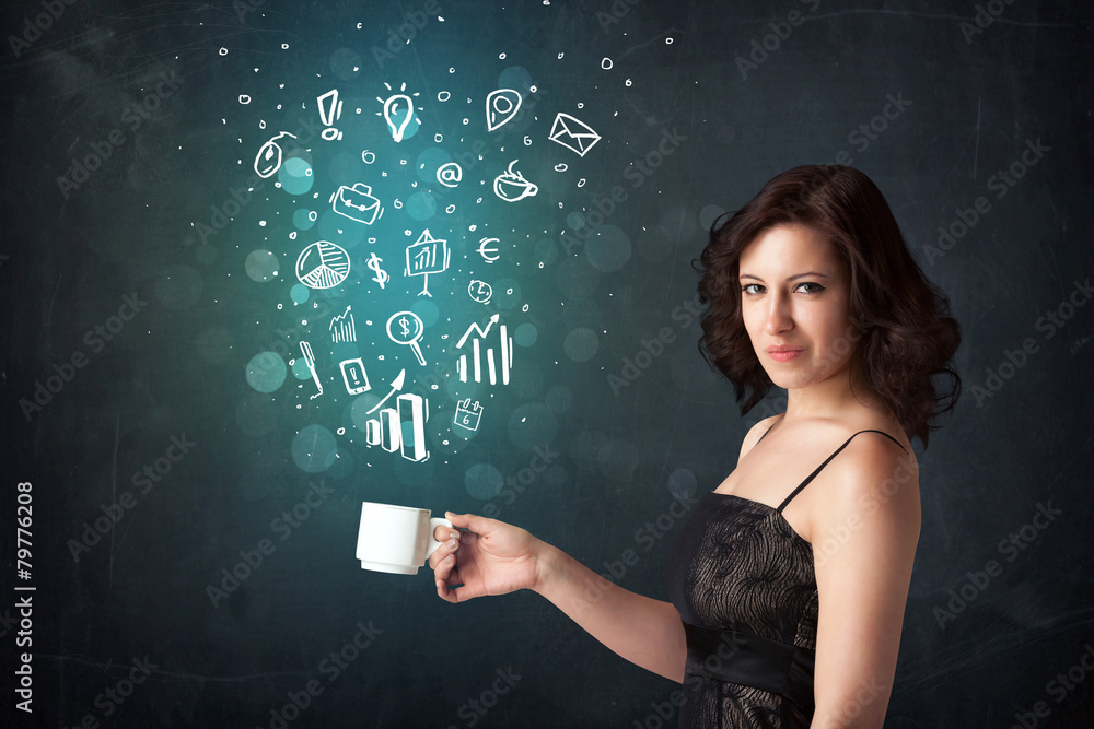 Businesswoman holding a white cup with business icons