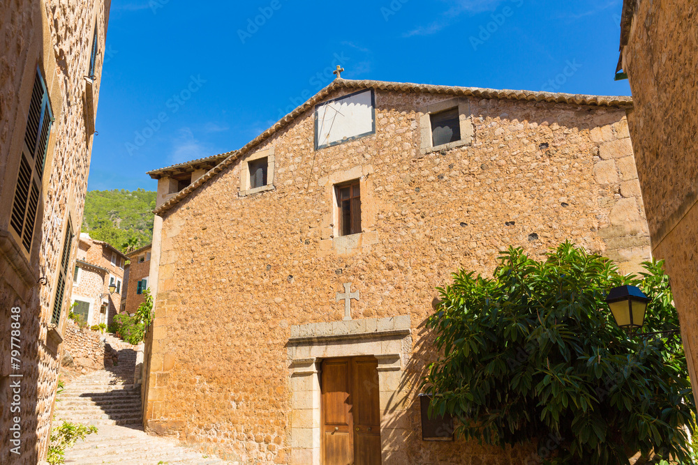 Fornalutx village church in Majorca Balearic island