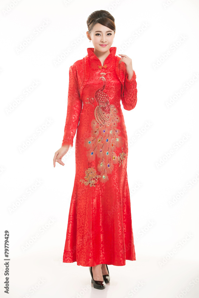Wearing Chinese clothing waiter in front of a white background Wearing Chinese clothing waiter in front of a white background