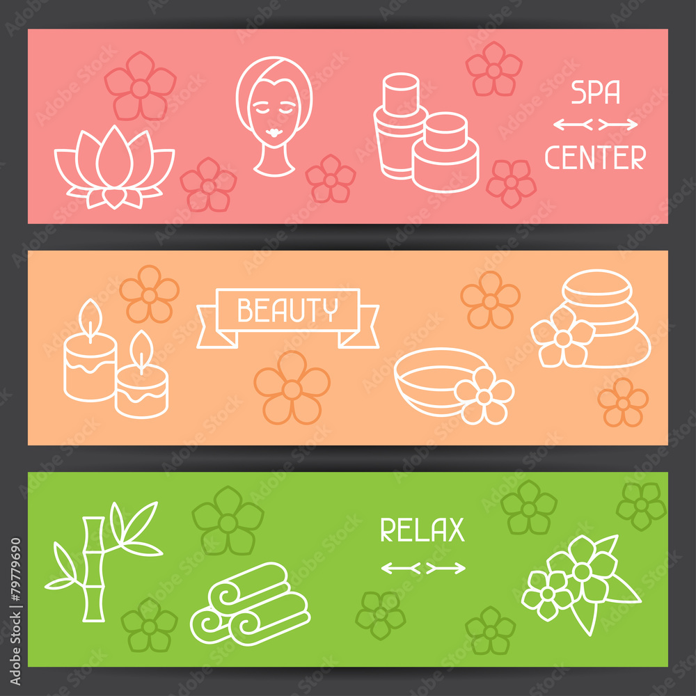 Spa and recreation banners with icons in linear style Spa and recreation banners with icons in linear style