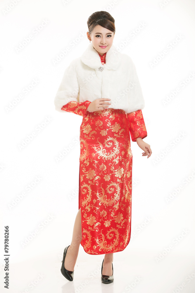Wearing Chinese clothing waiter in front of a white background Wearing Chinese clothing waiter in front of a white background