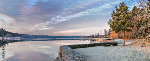 Canvas Print Panoramic view on riverside at dawn, Latvia, Europe