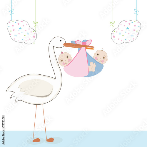 Twin baby with stork, baby arrival card vector