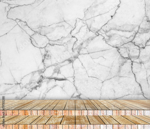 Backdrop  marble wall and wood slabs arranged in perspective.