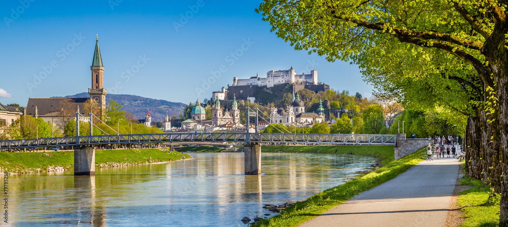 Historic city of Salzburg with river Salzach in spring, Austria