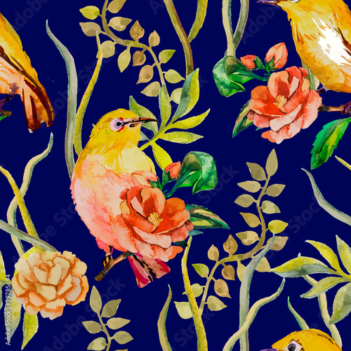 Watercolor pattern. Tropical birds and flowers. White-eye bird © Elizaveta Boyur