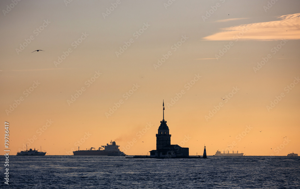 Silhouette of Maiden's Tower and ships
