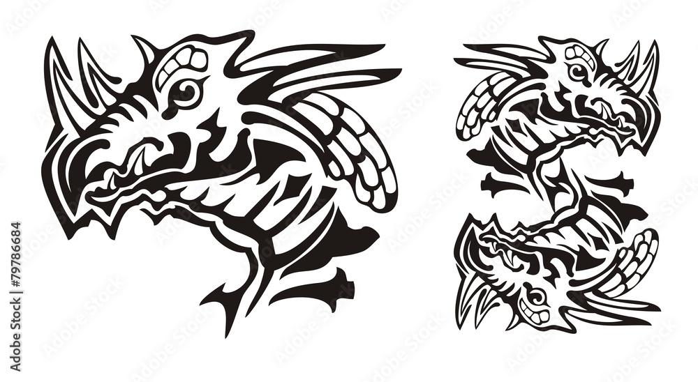 Tribal horned dragon head and dragon symbol in the dollar form Tribal horned dragon head and dragon symbol in the dollar form