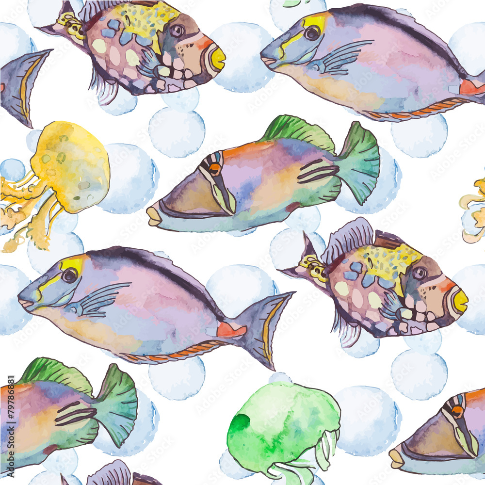Naklejka premium Sea pattern. Tropical fish. jellyfish. Ocean vector.