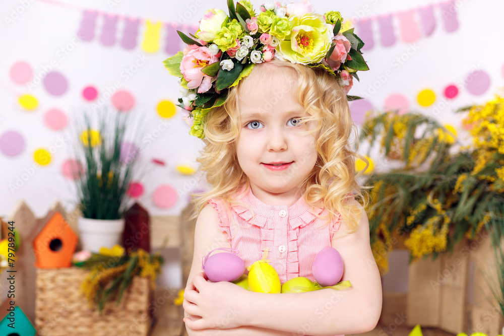 girl with easter eggs, smiling, easter decor girl with easter eggs, smiling, easter decor