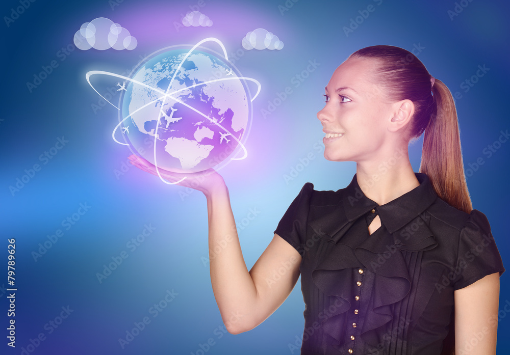 woman showing holding on world map globe. woman showing holding on world map globe.