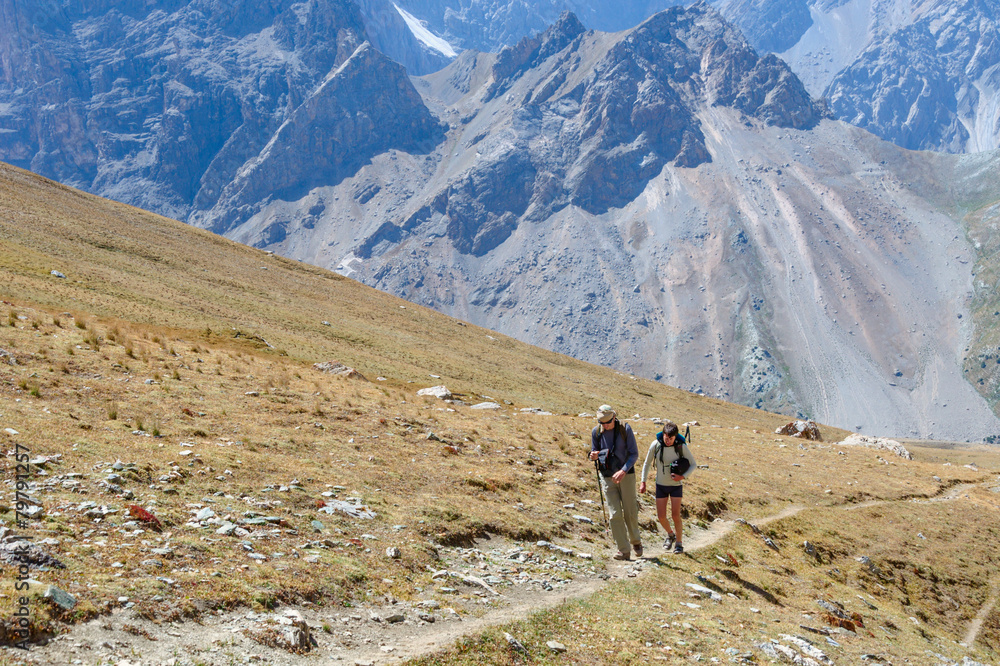 Two men hiking in Himalaya mountains