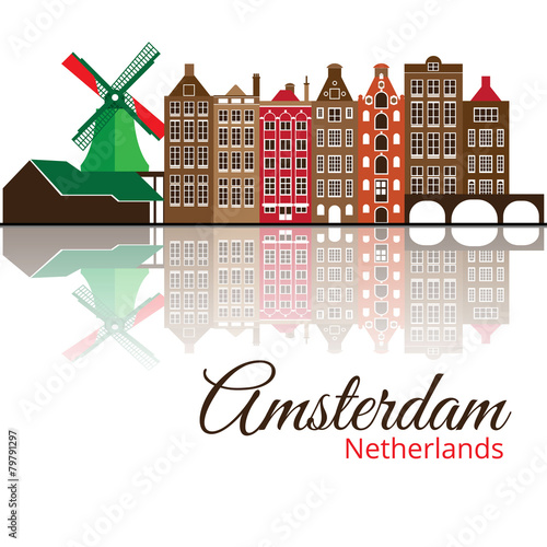 Colorized vector silhouette of Amsterdam. City skyline.