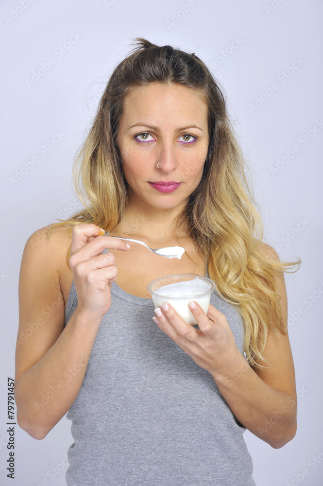 attractive woman with spoon eating cream yogurt healthy diet attractive woman with spoon eating cream yogurt healthy diet