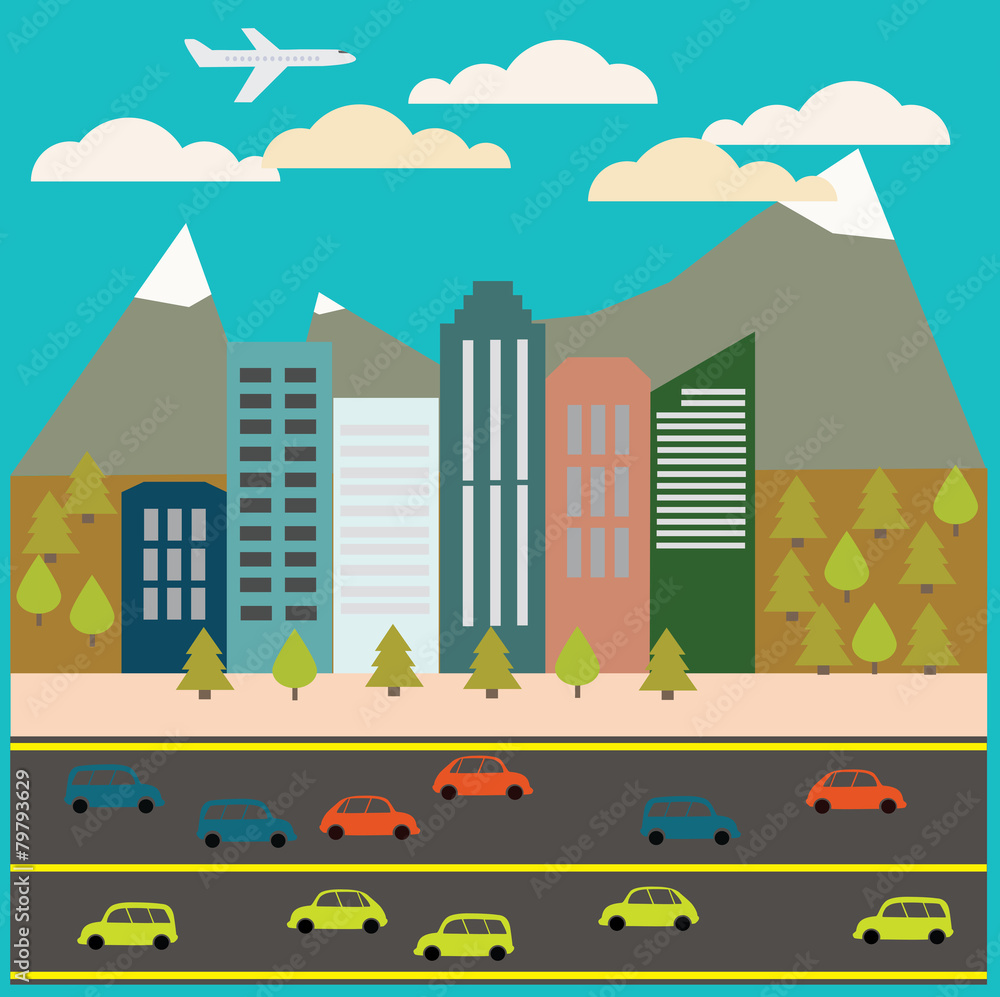 View of the city in style flat, vector illustration.