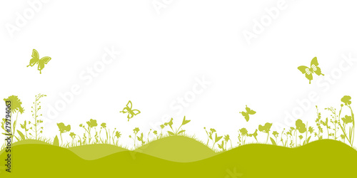 Spring landscape with silhouette grass and flowers