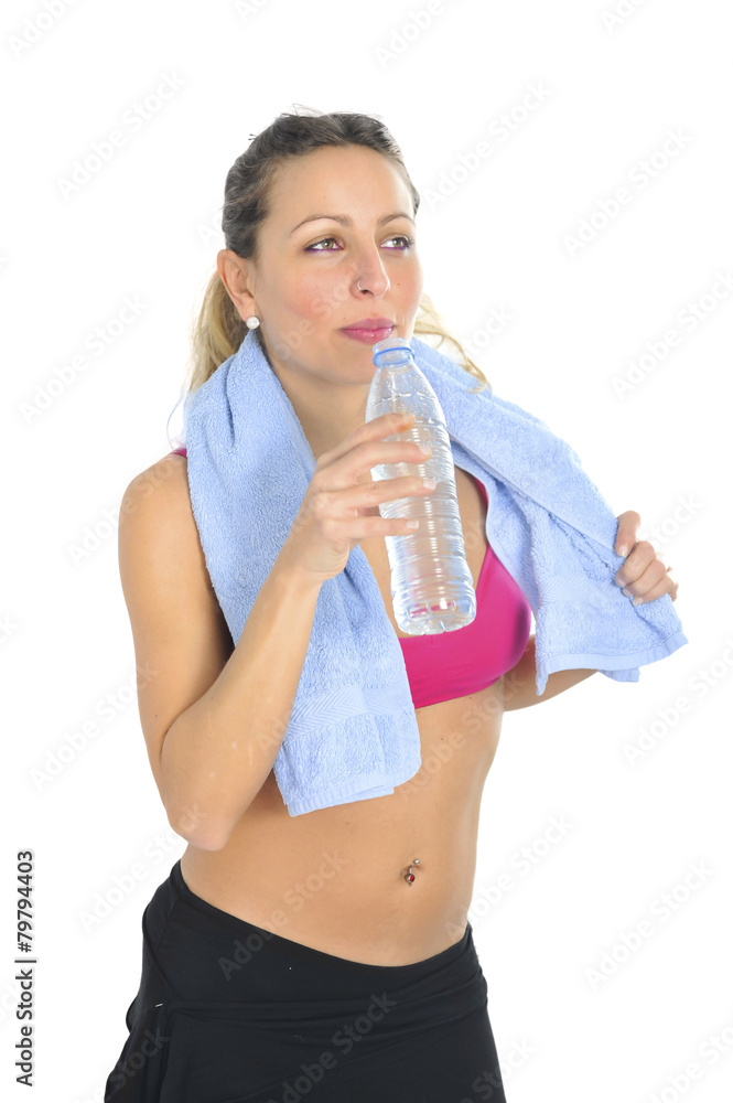 sexy sport woman with towel drinking water after gym workout sexy sport woman with towel drinking water after gym workout
