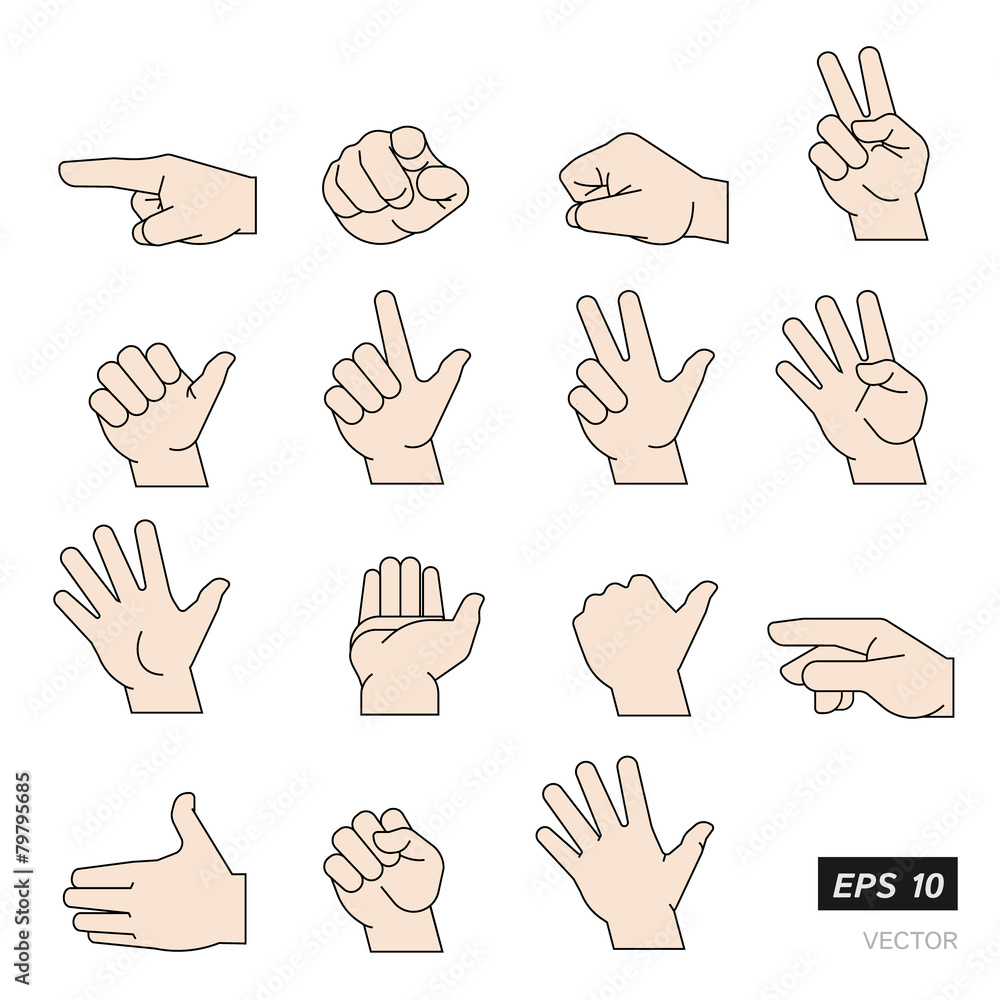 Set of Flat Line Illustrated Hands Isolated on White Background Set of Flat Line Illustrated Hands Isolated on White Background
