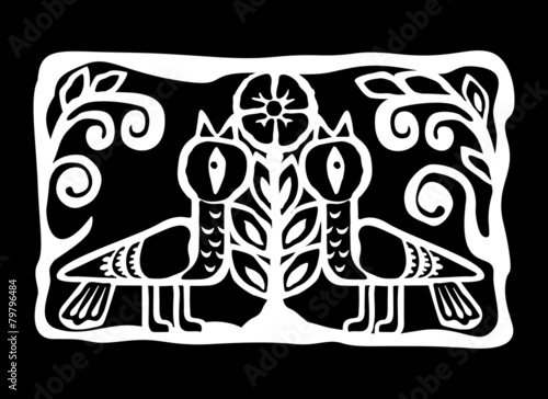 Ethnic birds totem with flower. Black and white style.